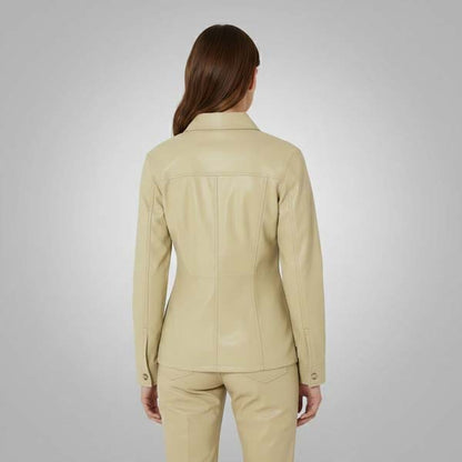Women's Beige Genuine Leather Shirt Jacket with Relaxed Street Style - Premium Genuine Leather Outerwear