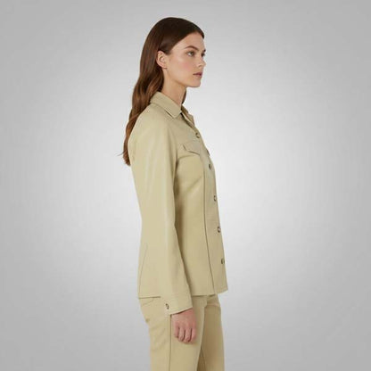 Women's Beige Genuine Leather Shirt Jacket with Relaxed Street Style - Premium Genuine Leather Outerwear