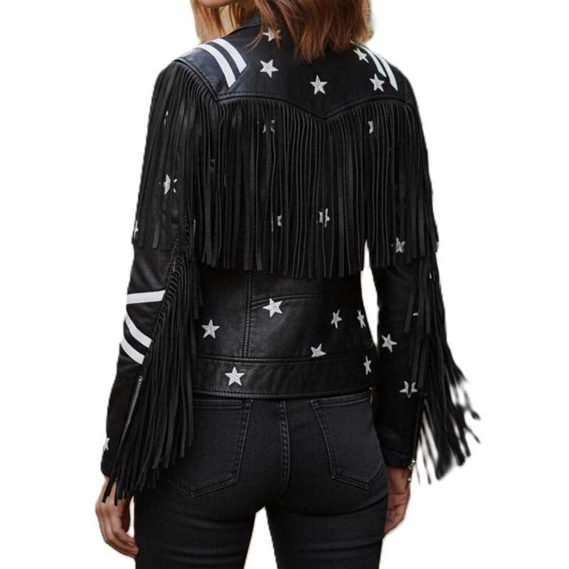 Women's Black Real Leather Fringe Jacket with Western Moto Style