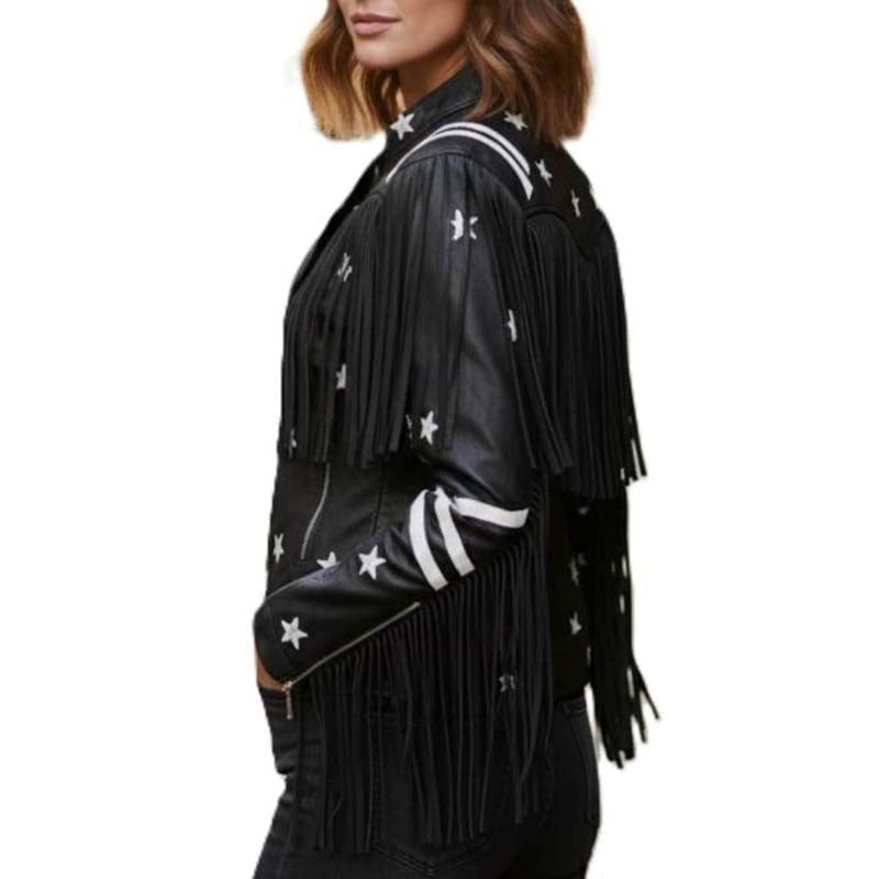 Women's Black Real Leather Fringe Jacket with Western Moto Style
