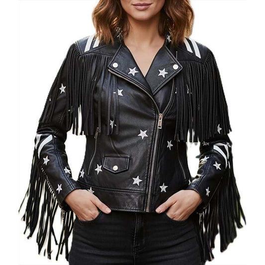 Women's Black Real Leather Fringe Jacket with Western Moto Style