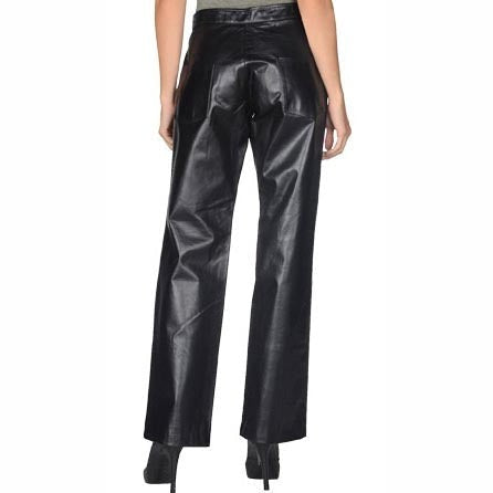 Women's Black Genuine Leather Trouser with High Rise Straight Leg
