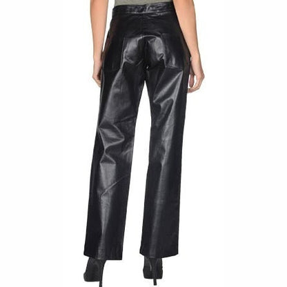 Women's Black Genuine Leather Trouser with High Rise Straight Leg