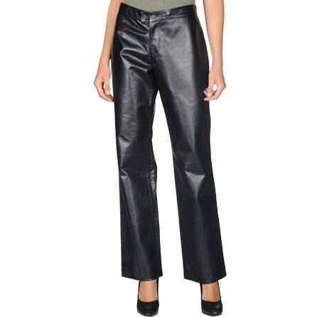 Women's Black Genuine Leather Trouser with High Rise Straight Leg