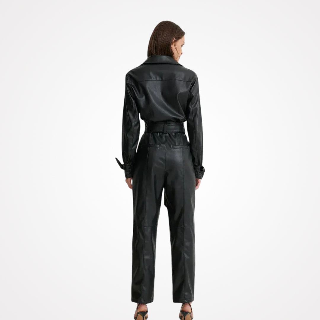 Women's Black Long Sleeve Lambskin Leather Jumpsuit
