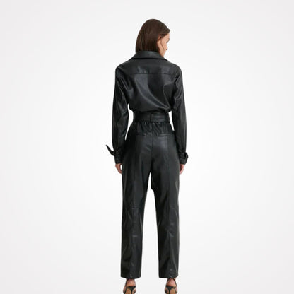 Women's Black Long Sleeve Lambskin Leather Jumpsuit