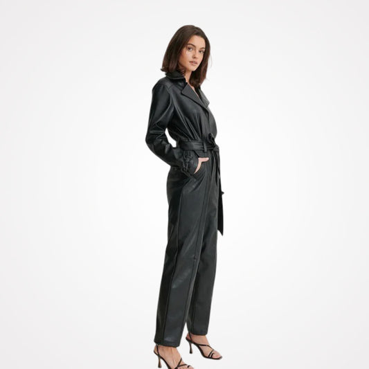 Women's Black Long Sleeve Lambskin Leather Jumpsuit