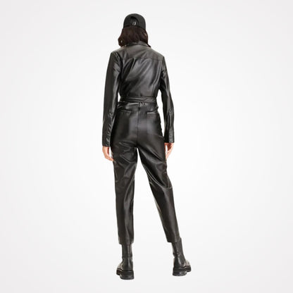 Women's Black Sheepskin Leather Dress Jumpsuit