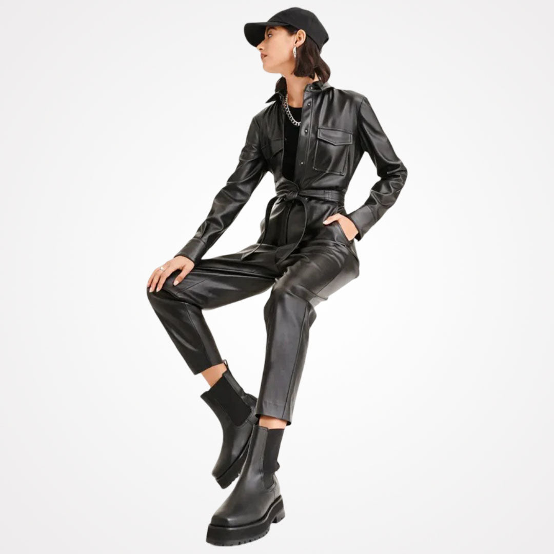 Women's Black Sheepskin Leather Dress Jumpsuit
