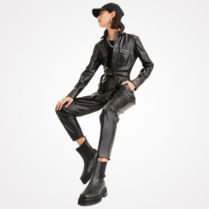 Women's Black Sheepskin Leather Dress Jumpsuit