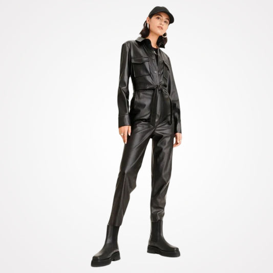 Women's Black Sheepskin Leather Dress Jumpsuit
