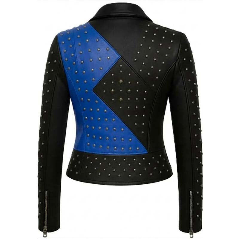 Women's Blue and Black Real Leather Biker Jacket with Metal Studs