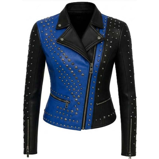 Women's Blue and Black Real Leather Biker Jacket with Metal Studs