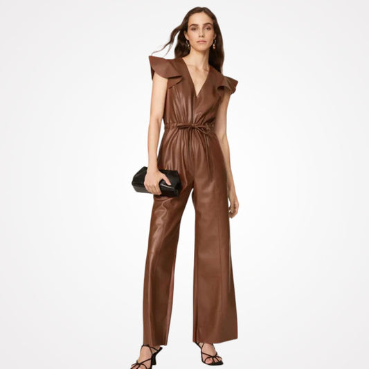 Women's Brown V-Neck Sheepskin Leather Jumpsuit