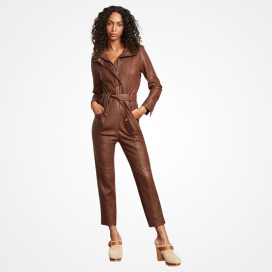 Women's Brown Utility Belted Leather Jumpsuit