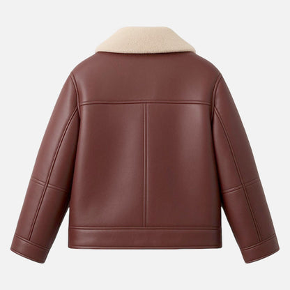 Stylish women’s burgundy leather coat with strong zipper and cargo pocket detailing