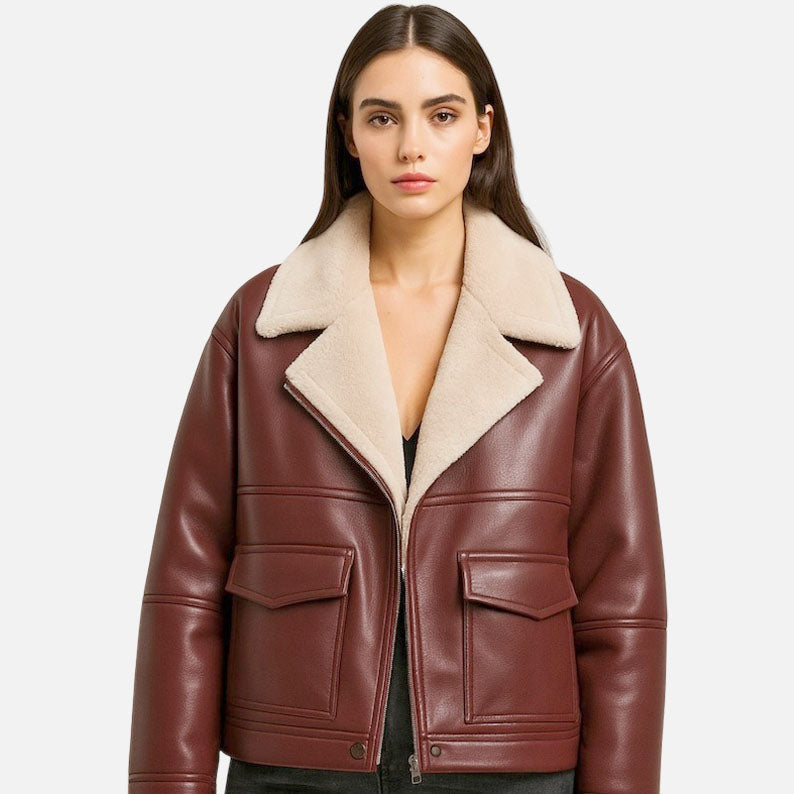 New women’s burgundy leather jacket with warm stylish handmade fashion design
