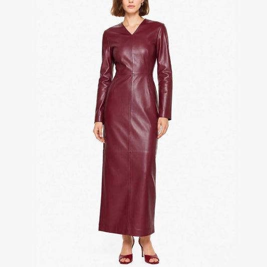 Women's Burgundy Lambskin Leather Maxi Dress With V Neck Elegant Design
