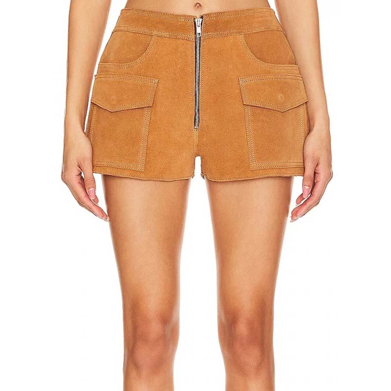 Women's Camel Suede Leather Shorts with Zip Fly Casual Style