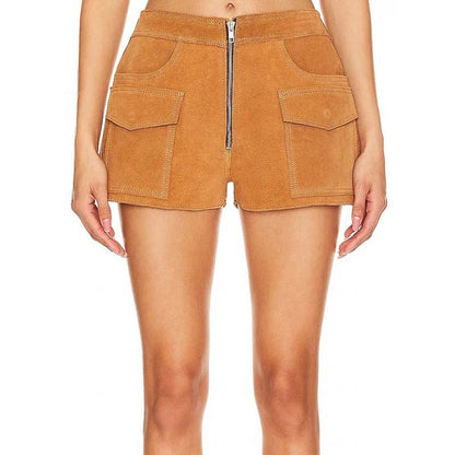 Women's Camel Suede Leather Shorts with Zip Fly Casual Style