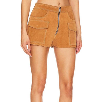 Women's Camel Suede Leather Shorts with Zip Fly Casual Style