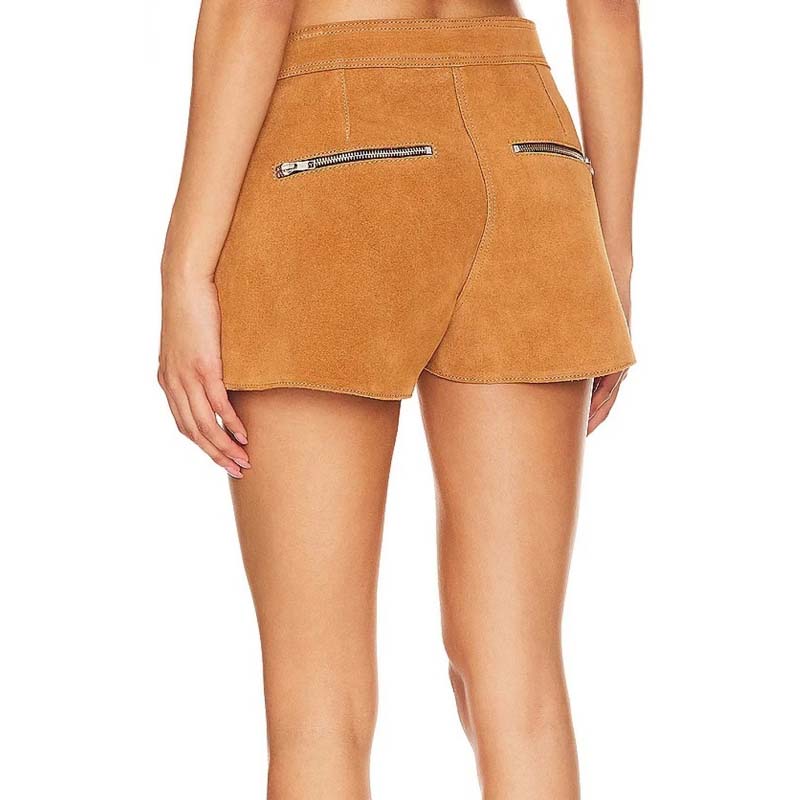 Women's Camel Suede Leather Shorts with Zip Fly Casual Style