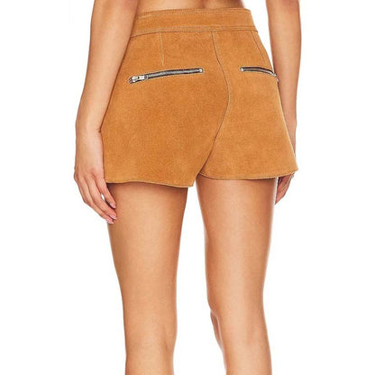 Women's Camel Suede Leather Shorts with Zip Fly Casual Style