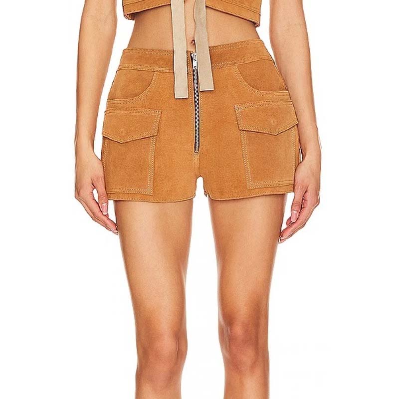 Women's Camel Suede Leather Shorts with Zip Fly Casual Style