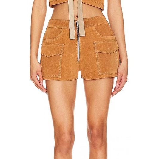Women's Camel Suede Leather Shorts with Zip Fly Casual Style
