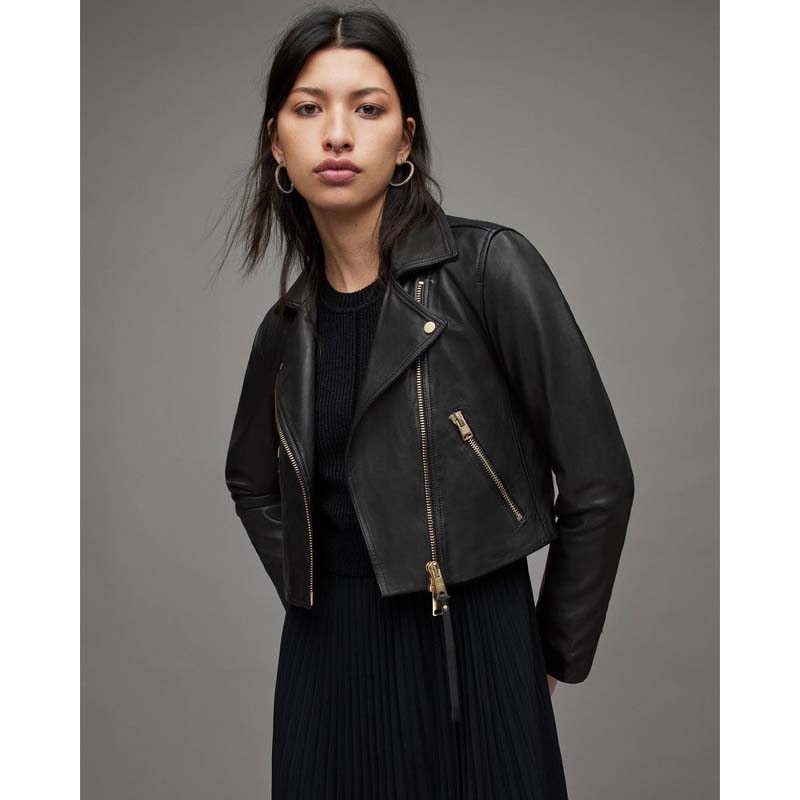 Women's Black Sheepskin Cropped Leather Biker Jacket with Gold Tone Zippers