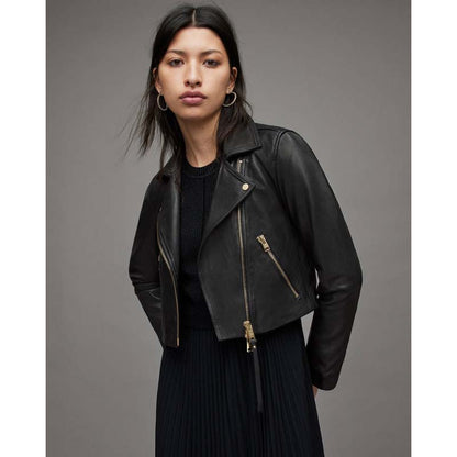 Women's Black Sheepskin Cropped Leather Biker Jacket with Gold Tone Zippers