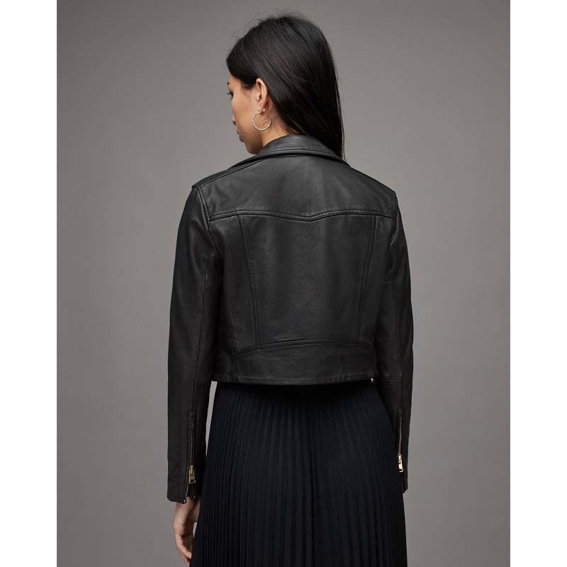 Women's Black Sheepskin Cropped Leather Biker Jacket with Gold Tone Zippers