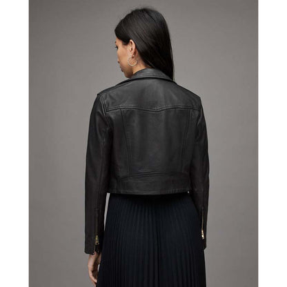 Women's Black Sheepskin Cropped Leather Biker Jacket with Gold Tone Zippers