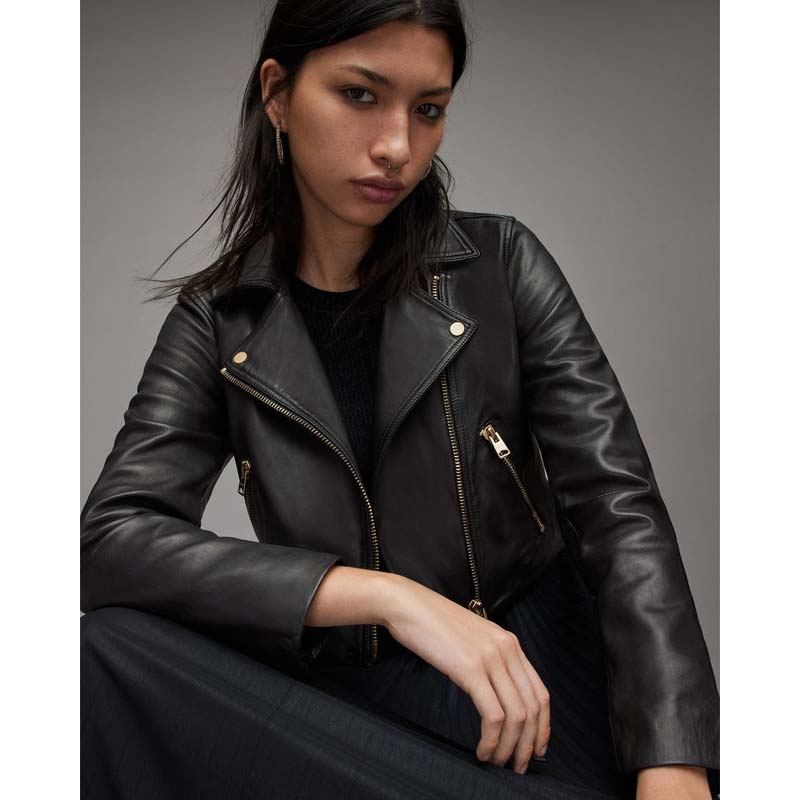 Women's Black Sheepskin Cropped Leather Biker Jacket with Gold Tone Zippers