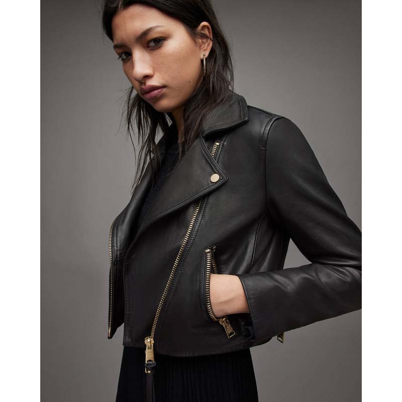Women's Black Sheepskin Cropped Leather Biker Jacket with Gold Tone Zippers