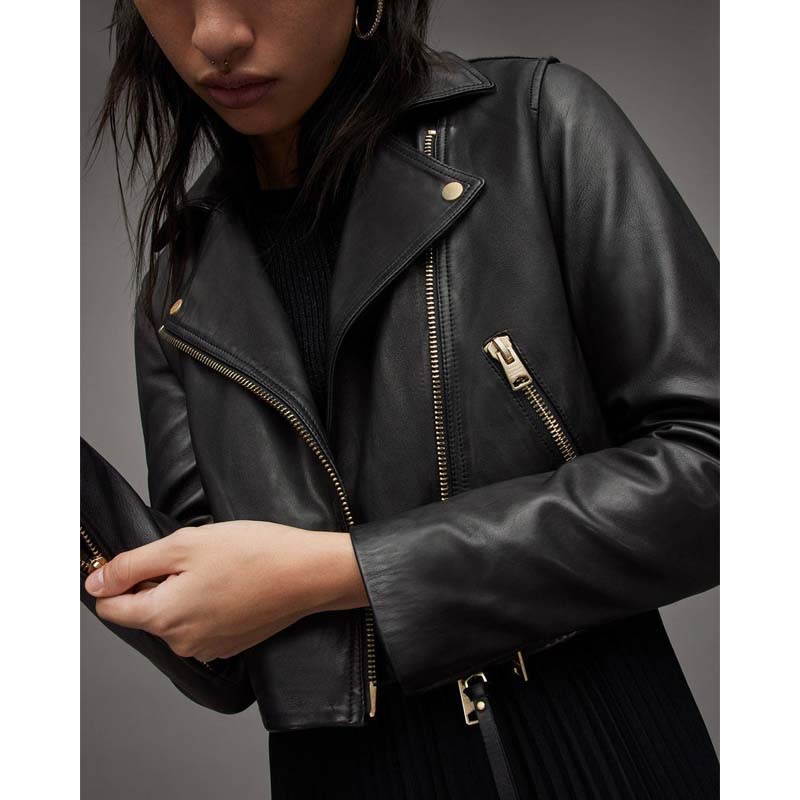 Women's Black Sheepskin Cropped Leather Biker Jacket with Gold Tone Zippers