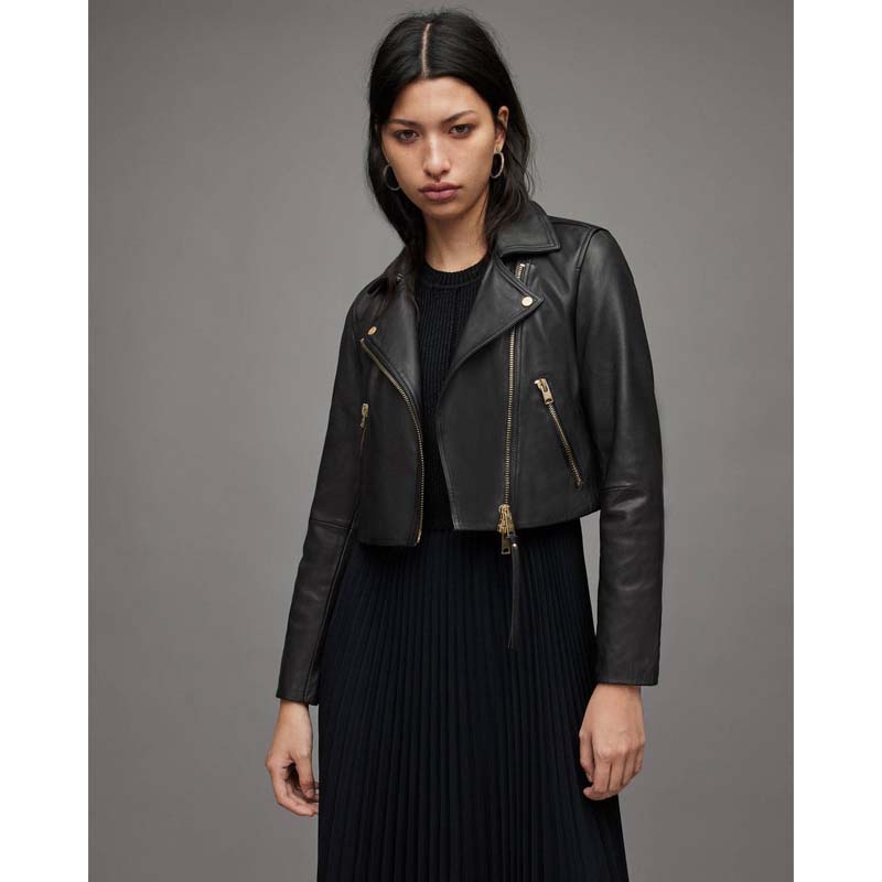 Women's Black Sheepskin Cropped Leather Biker Jacket with Gold Tone Zippers