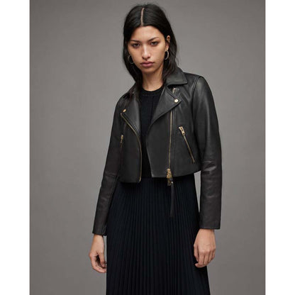 Women's Black Sheepskin Cropped Leather Biker Jacket with Gold Tone Zippers