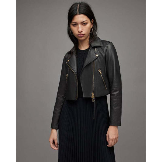 Women's Black Sheepskin Cropped Leather Biker Jacket with Gold Tone Zippers