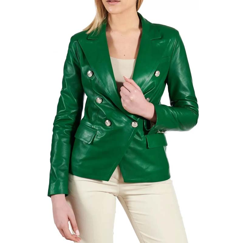 Women's Green Sheepskin Leather Trench Coat with Double Breasted Style