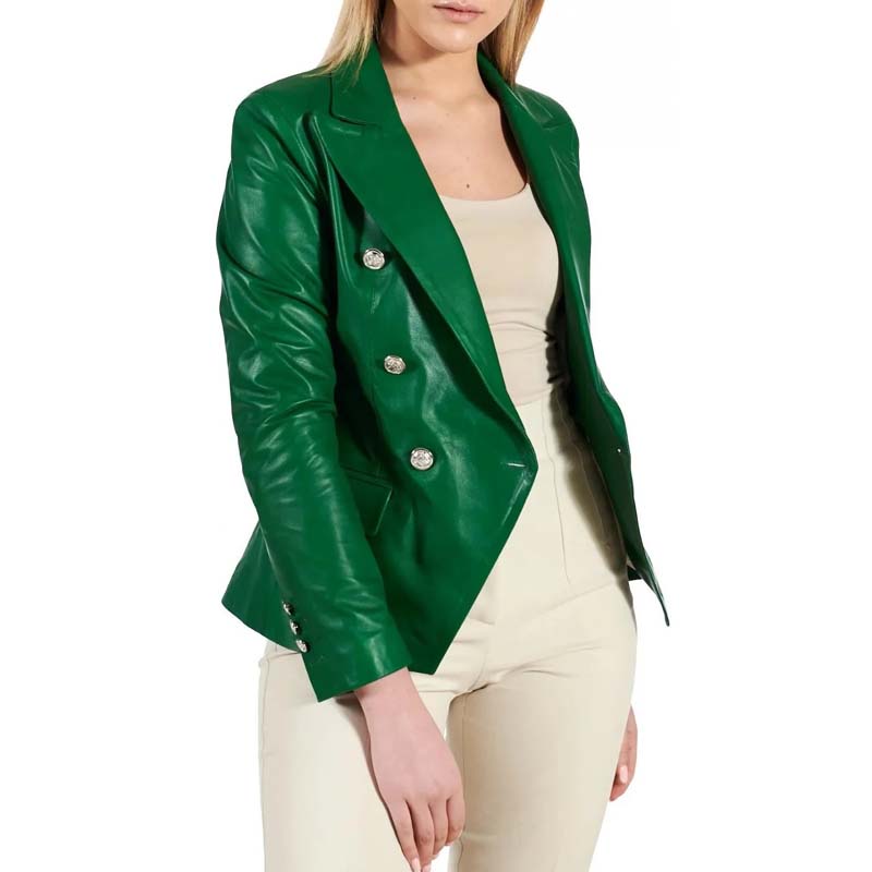 Women's Green Sheepskin Leather Trench Coat with Double Breasted Style