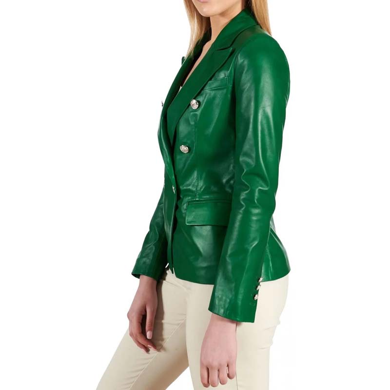Women's Green Sheepskin Leather Trench Coat with Double Breasted Style