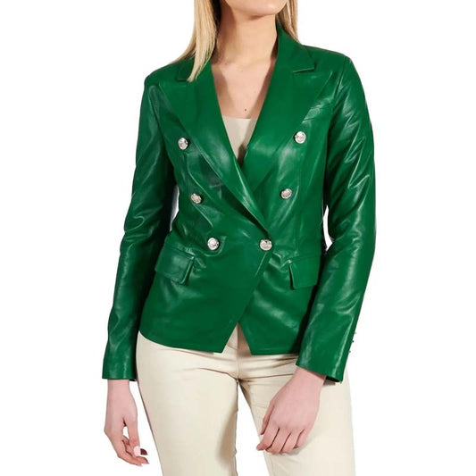 Women's Green Sheepskin Leather Trench Coat with Double Breasted Style