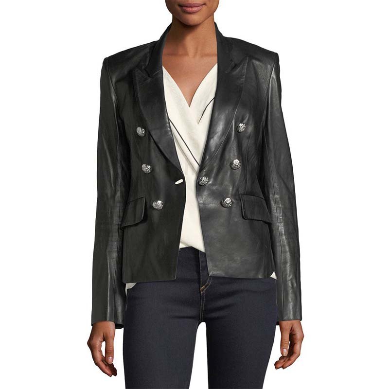 Women's Lambskin Leather Blazer with Single Button Double Breasted Look