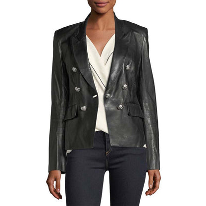 Women's Lambskin Leather Blazer with Single Button Double Breasted Look