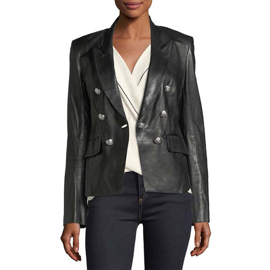 Women's Lambskin Leather Blazer with Single Button Double Breasted Look