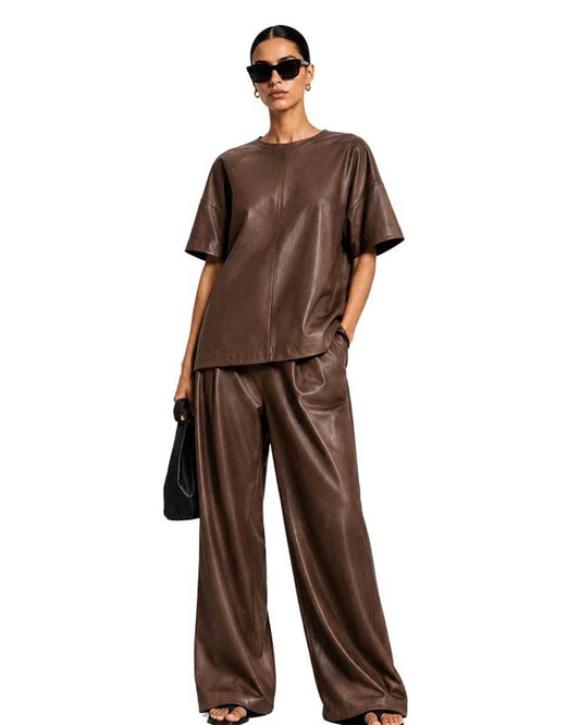 Women's Black Lambskin Leather Co Ord Set With Oversized Top and Wide Leg Pant