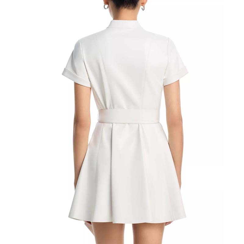 Women's Off White Lambskin Leather Mini Dress With Self Tie Belt