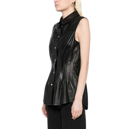 Women's Black Lambskin Leather Shirt With Sleeveless Dart Design