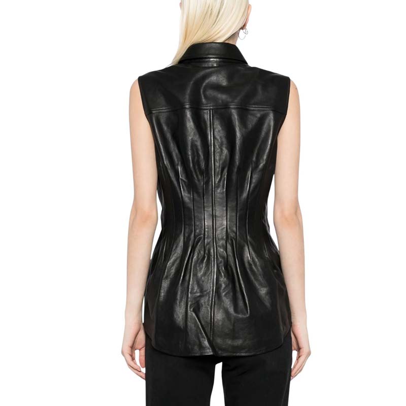Women's Black Lambskin Leather Shirt With Sleeveless Dart Design